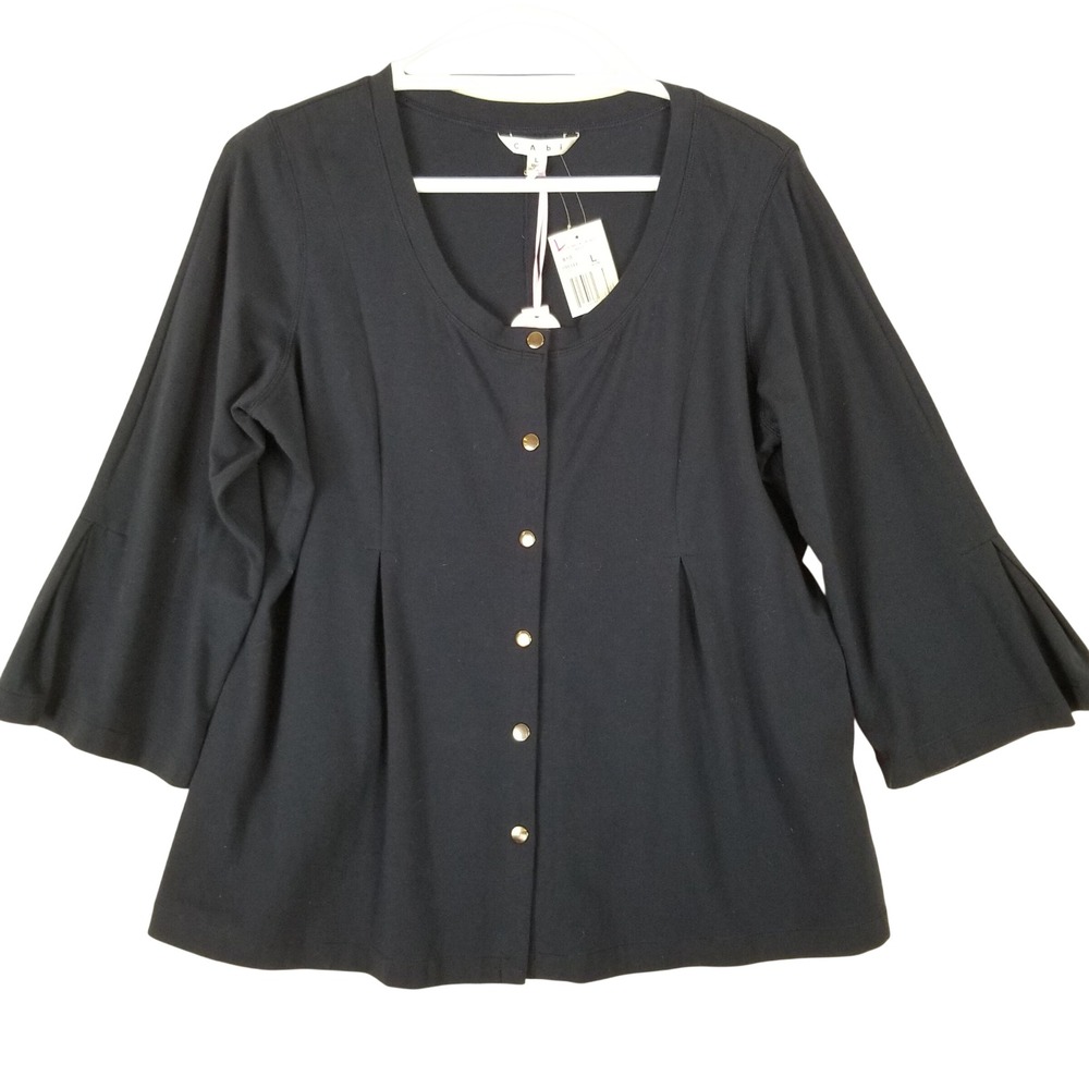 Cabi Navy Blue Scoop‎ Neck Jacket 810 Cotton Blend Bell Sleeve Button Front L